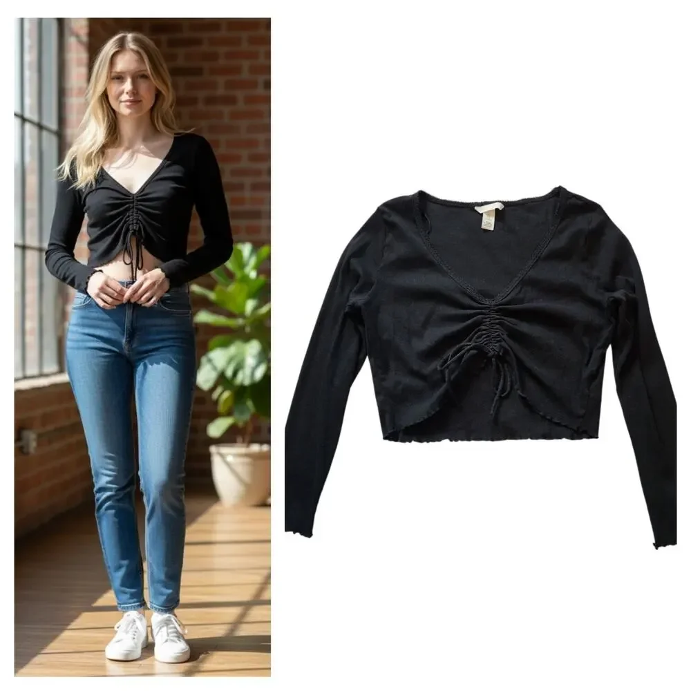 H&M Womens Long Sleeve Crop Top Size XL Black Ruched Drawstring Front Pullover